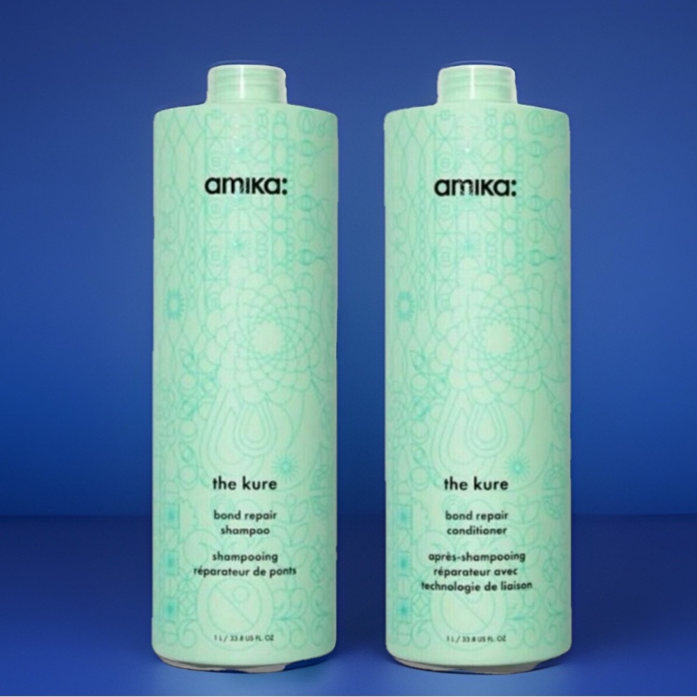 Amika The Kure Bond Repair Shampoo&Conditioner liter Set w/free pumps.NEW/SEALED